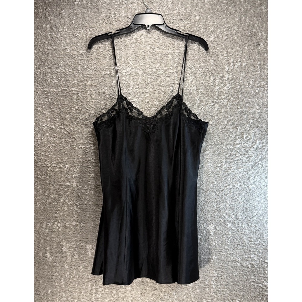 Victoria's Secret Satin Black Cami Slip Nightie L Mesh Strappy Details Slit Sexy